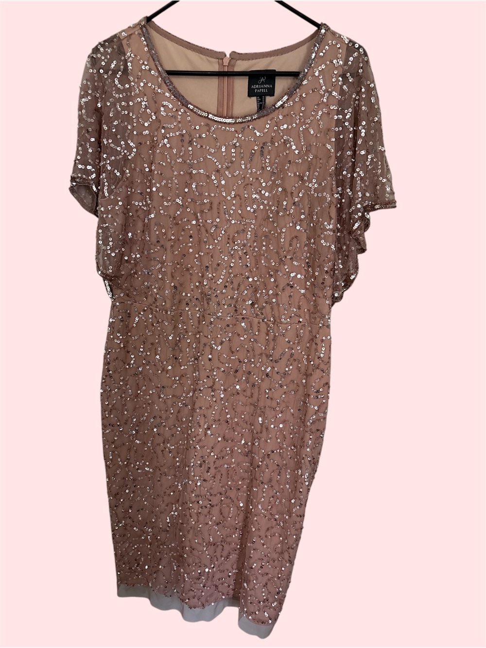 Adrianna Papell Rose Taupe Sequin Scoop Neck Cocktail Dress